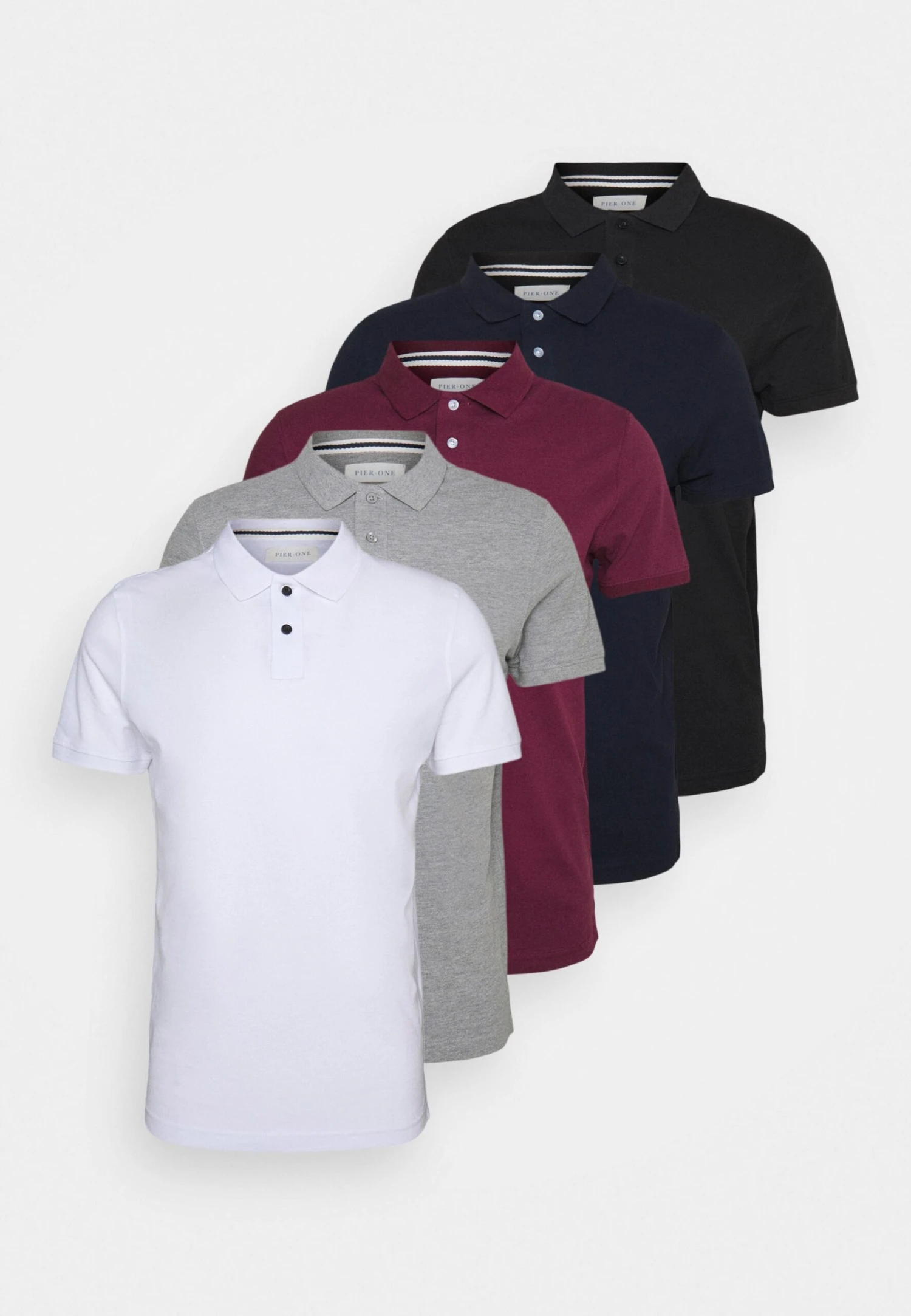 Pier One 5 Pack - Poloskjorter - Black/White/Bordeaux/Navy/Gray Marl 3 Pier One 5 Pack - Poloskjorter - Black/White/Bordeaux/Navy/Gray Marl